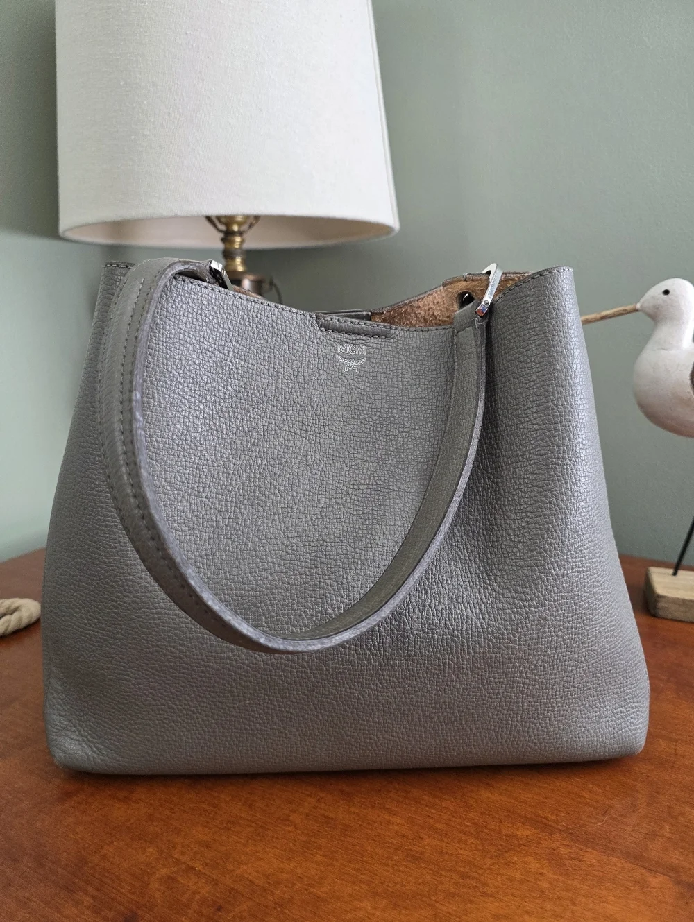 MCM Sarah Hobo Gray Pebbled Leather Shoulder Bag COA